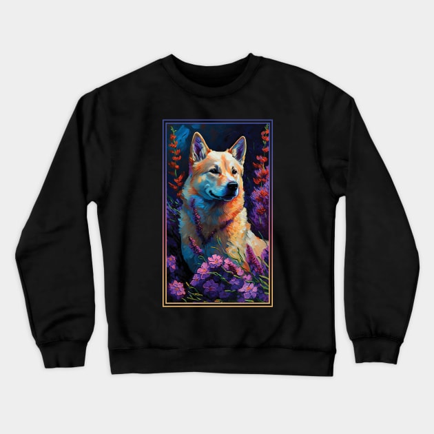 Jindo Dog Vibrant Tropical Flower Tall Digital Oil Painting Portrait 3 Crewneck Sweatshirt by ArtHouseFlunky